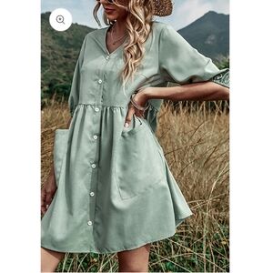 Anna-kaci California Green V-Neck 3/4 Sleeve Button Mini Dress